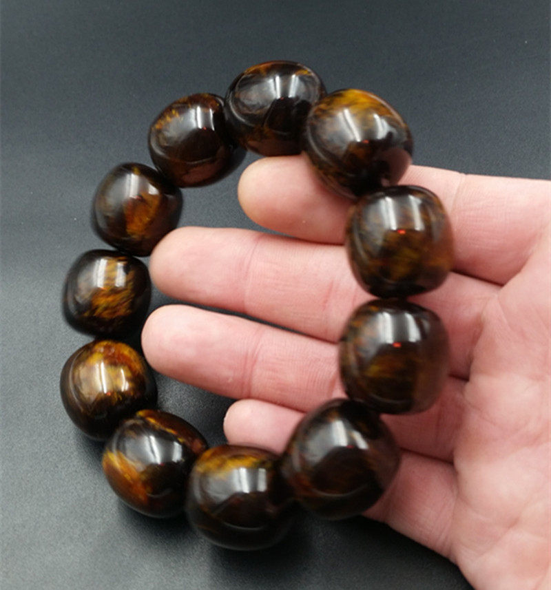 高档精美优化金丝琥珀桶珠手链咖啡色路路通手链琥珀手串厂家直销