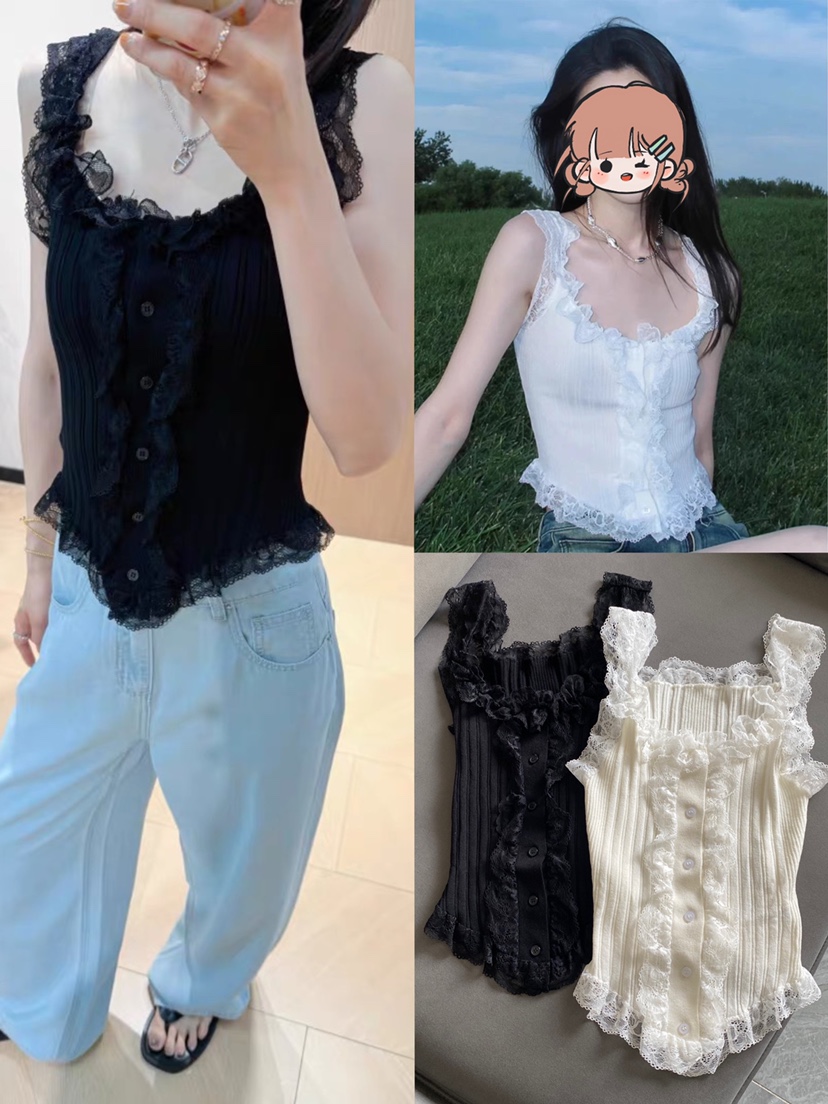 现货发 刘亦菲同款~甜美蕾丝拼接花边吊带背心女 温柔风小上衣