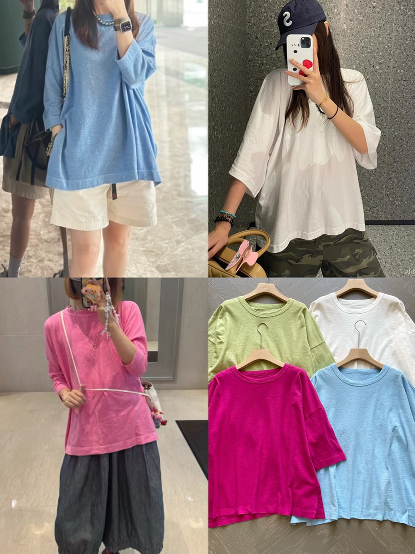 日系小众 纸片人即视感！日系夏日落肩竹节棉七分袖宽松T恤女