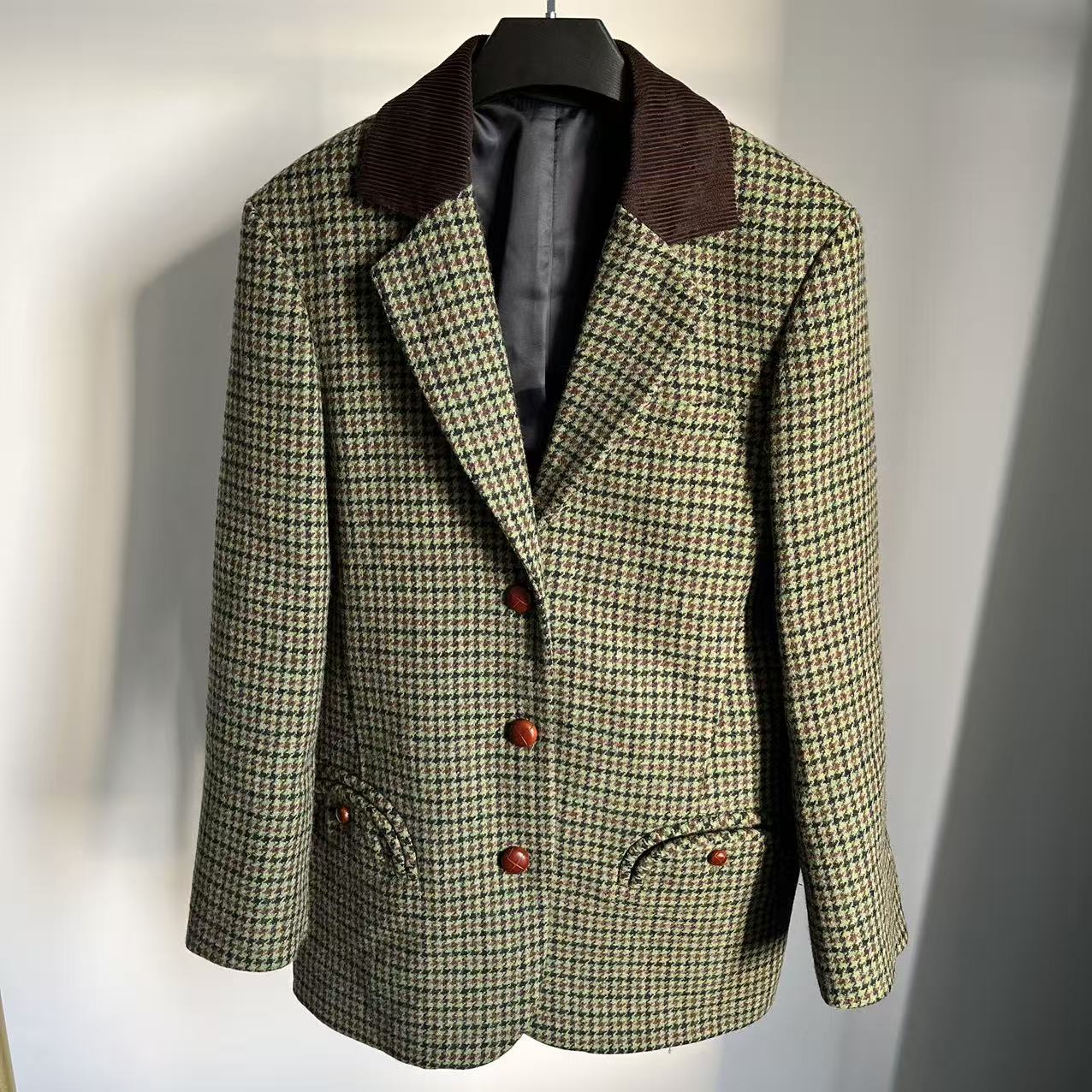 值得收藏！超有腔调的复古绿色小格纹羊毛西装25秋冬新款p8
