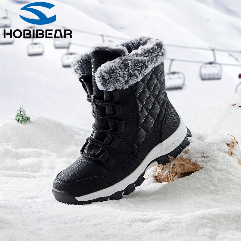 HOBIBEAR雪地靴冬季新款男女士户外防滑中筒加绒加厚保暖抗寒棉靴