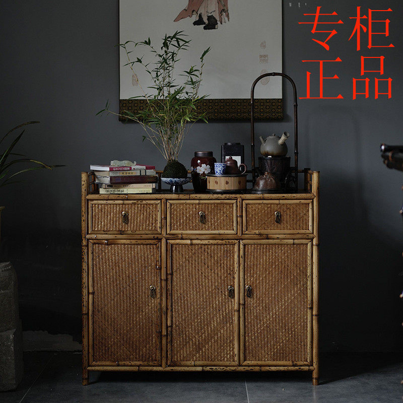 ㊣老料梅鹿竹茶柜 古典茶具收纳展示带柜门 落地柜 边柜 明式三联