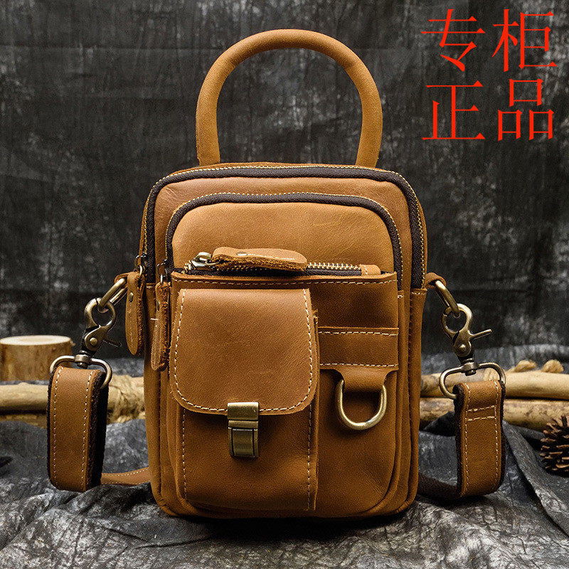 ㊣真皮男士单肩斜挎包疯马皮个性腰包户外运动手机包多功能三用