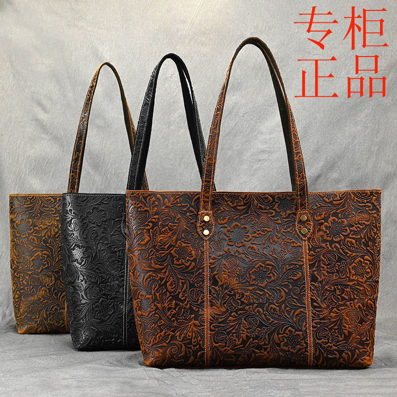 ㊣新款真皮女士手提包印花时尚复古牛皮通勤手袋大容量斜挎单肩包