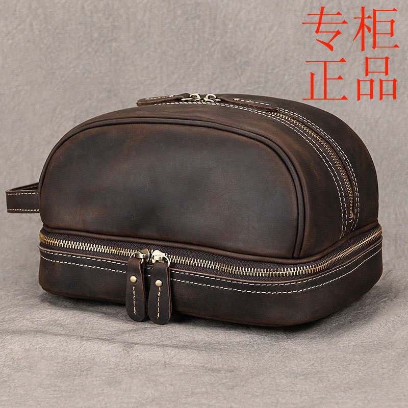 ㊣复古真皮男士手拿包疯马皮旅行洗漱包中性牛皮收纳化妆包