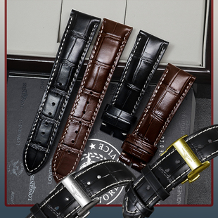 适用浪琴原装名匠手表鳄鱼纹小牛皮表带四针月相典藏男女军旗配件