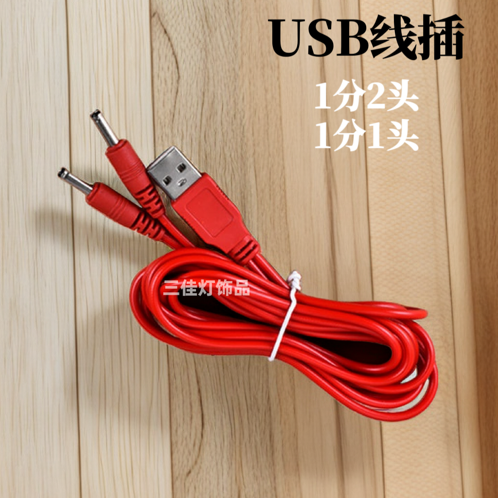 USB电源线插变压器一拖二头红线