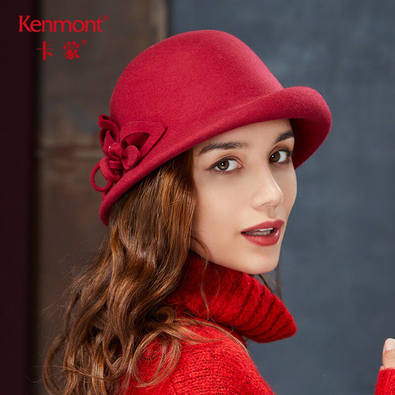 卡蒙女士秋冬圆顶礼帽英伦卷边复古帽子韩版甜美百搭气质毛呢帽子
