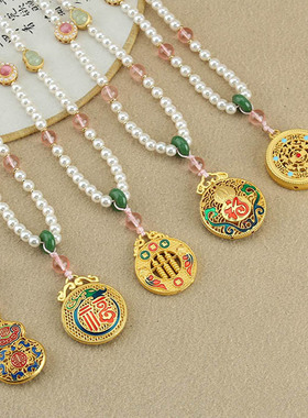 复古五福圆满金色吊坠仿珍珠项链女新中式长款毛衣链配饰国风挂件