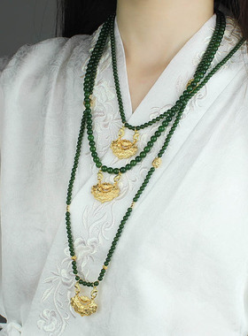 国风新中式锦鲤如意锁碧绿珠项链