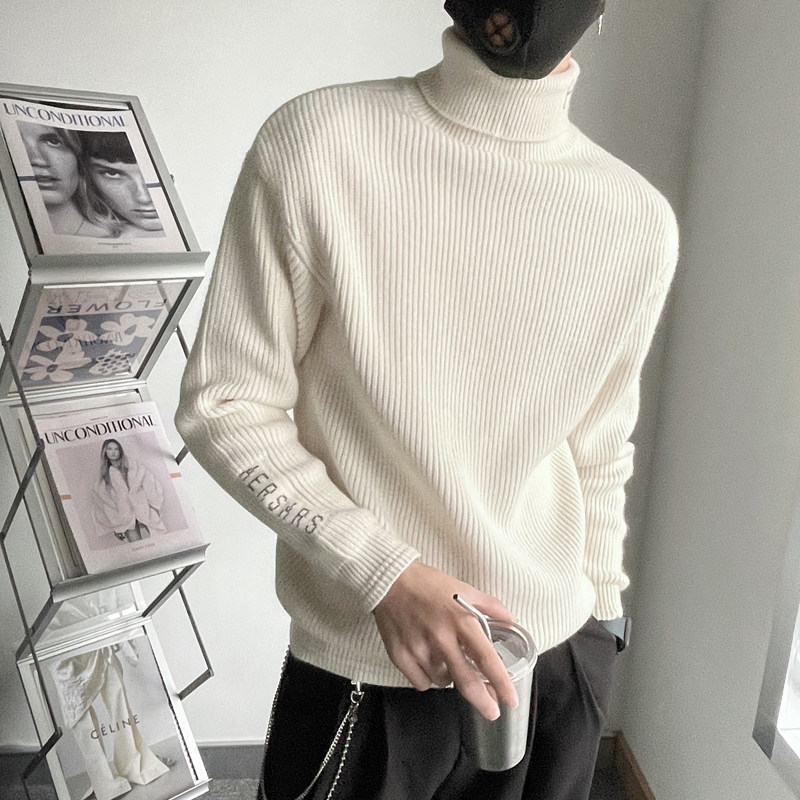 MX86-P88-控118社会小伙2023秋冬翻领潮牌粗针男刺绣高领毛衣黑2,男装针织衫/毛衣,电商A216