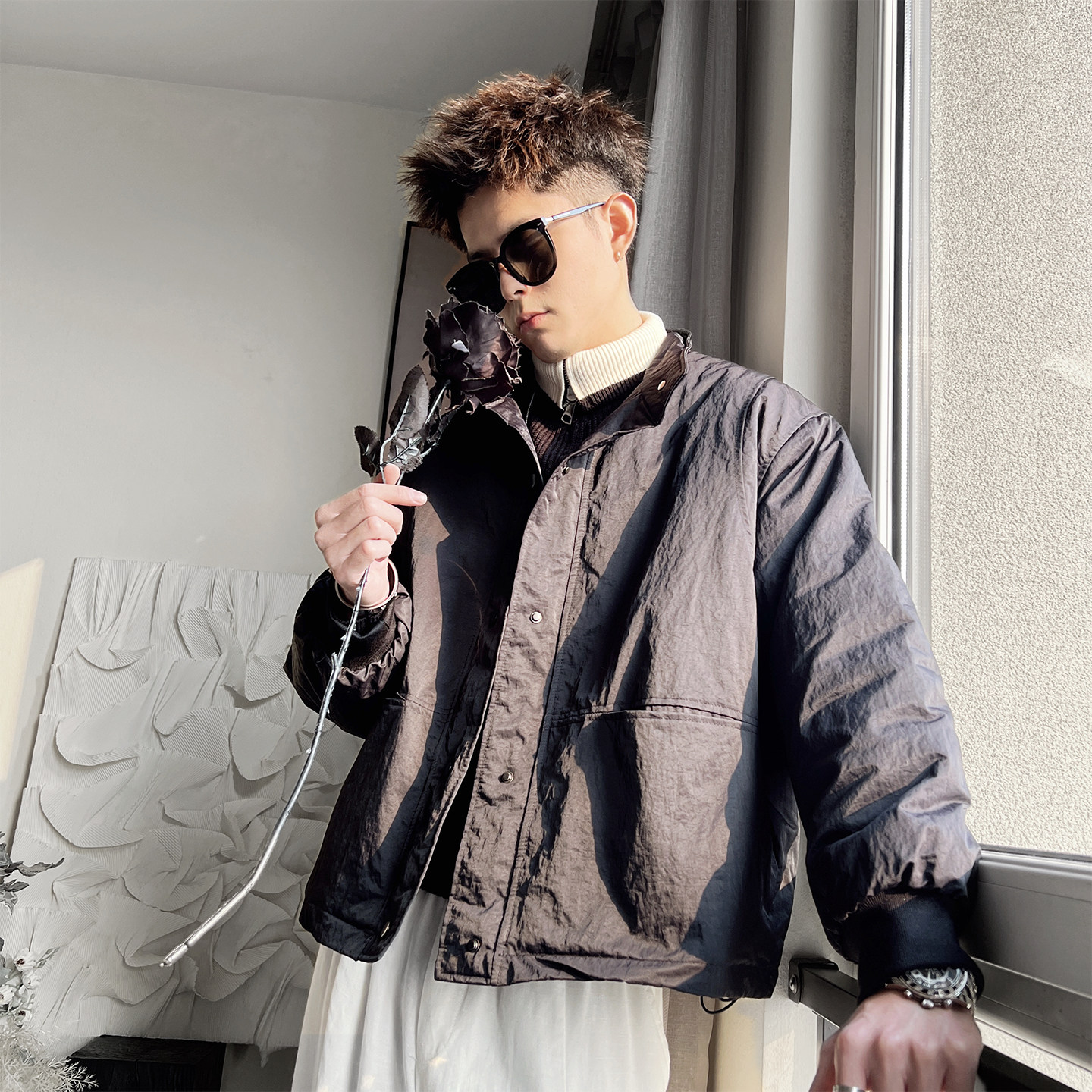 Y150-M-XL-P128控178聚酯纤维日系褂子风短款绗棉棉衣廓形，男装棉衣，电商A216