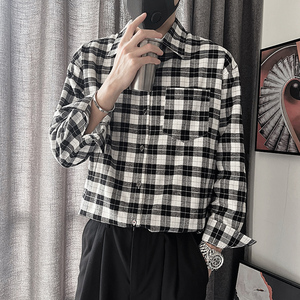CS66-M-3XL P68控98 95%棉5%聚酯纤维经典黑白方格衬衣反扣微阔版图片