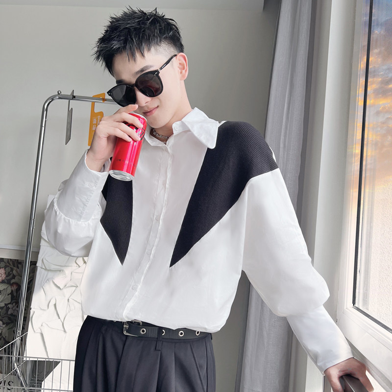CS22-P68-控98 2023秋季新款高级痞帅简约小伙风拼色长袖衬衣男黑图片