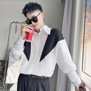 CS22-P68-控98 2023秋季新款高级痞帅简约小伙风拼色长袖衬衣男黑图片