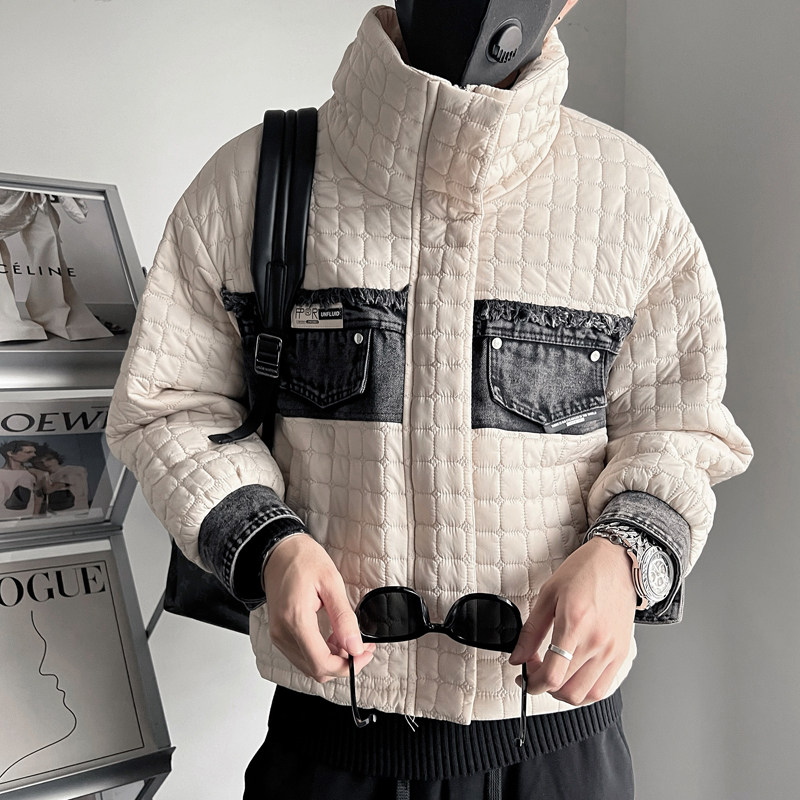 Y70-P118-控158 牛仔拼料假两件棉衣男冬季保暖棉袄冬装外套白主1图片