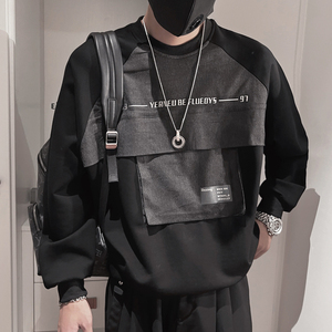 WY107-P68-控98 秋季新款卫衣男休闲圆领套头牛仔拼料卫衣男上衣图片