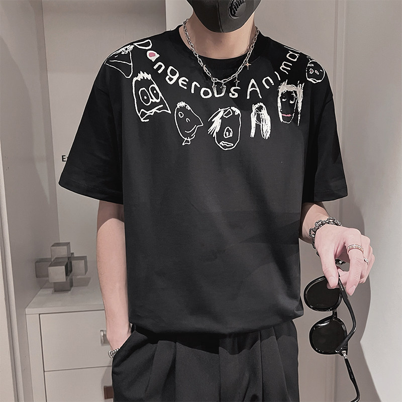 D105-P58-78-M-3XL-P95%棉5%聚酯纤维抽象厚印花环领短袖双,男装T恤,电商A216