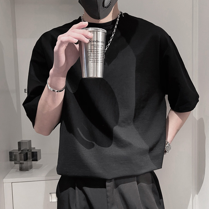 D00B-特2595%棉5%粘胶纤维小伙风微阔纯色圆领短袖男休闲T恤男白,男装T恤,电商A216