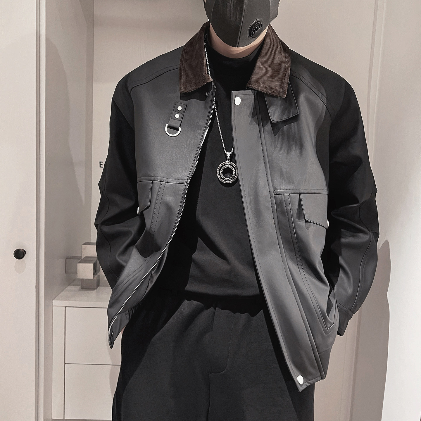PY05-P128-控168-M-3XL-90%PU皮10%其他拼接绒布翻领皮衣合身版型,男装皮衣,电商A216