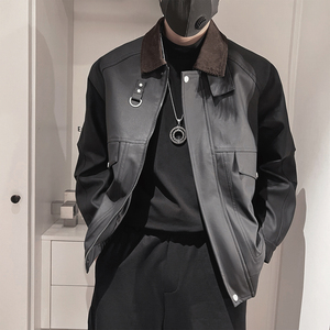 PY05-P128-控168-M-3XL-90%PU皮10%其他拼接绒布翻领皮衣合身版型图片