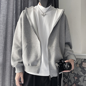 WT27-P78秋冬男士卫衣开衫宽松休闲拉链潮牌连帽社会小伙外套黑,灰色卫衣男搭配图片图片