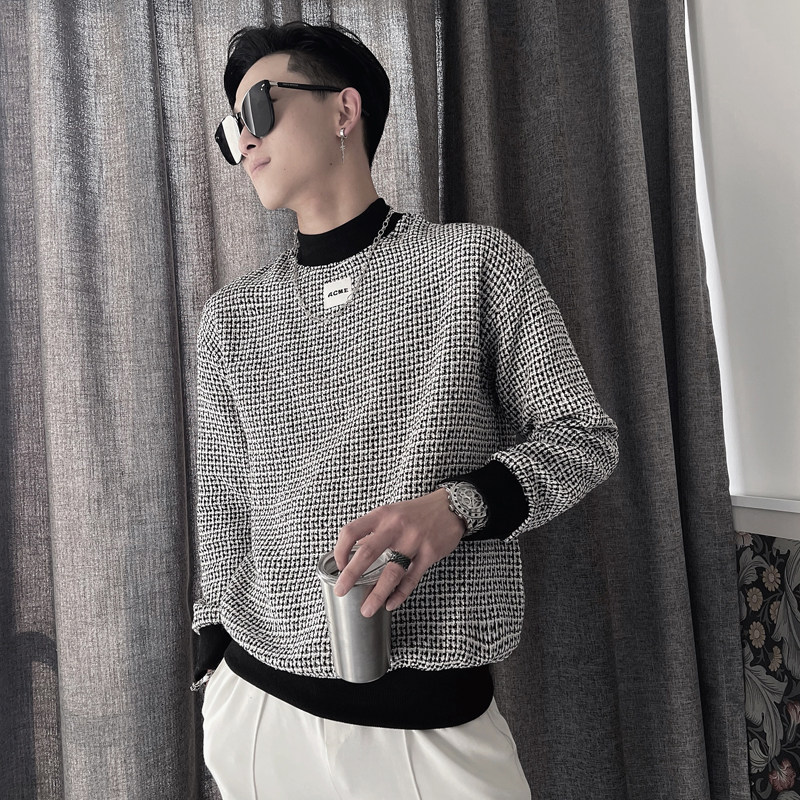 WY77-P68 控98 2023秋季新半高领卫衣男套头社会小伙格子休闲外套图片