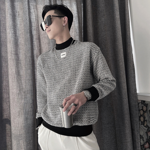 WY77-P68 控98 2023秋季新半高领卫衣男套头社会小伙格子休闲外套图片
