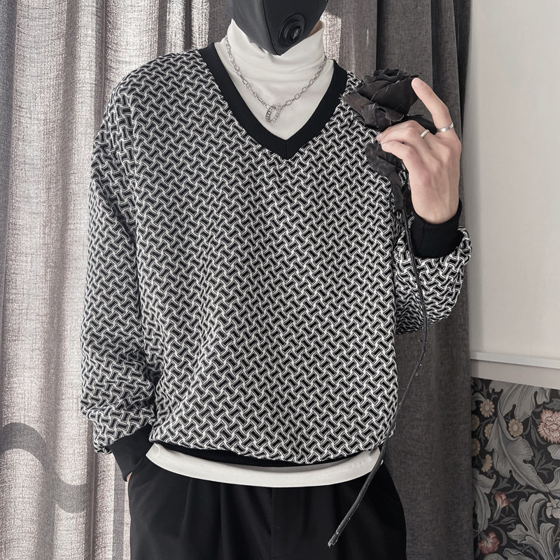 WY133-P68 控98 春季卫衣男格子衫鸡心领宽松套头长袖休闲卫衣图片