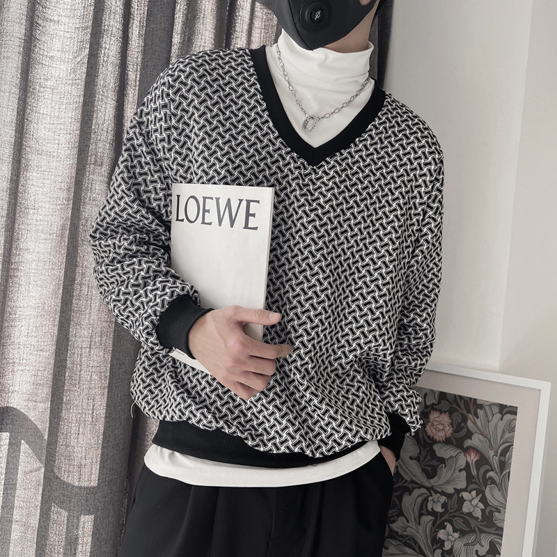 WY133-P68控98秋季卫衣男宽松套头长袖休闲格子衫鸡心领卫衣,男装卫衣,电商A216