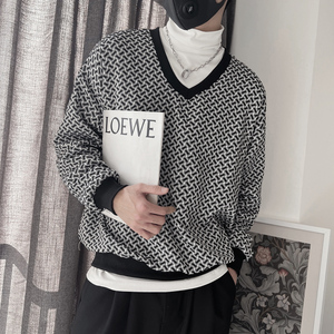WY133-P68 控98 秋季卫衣男宽松套头长袖休闲格子衫鸡心领卫衣图片