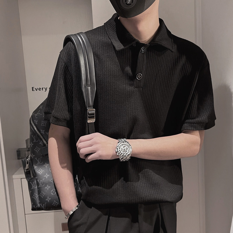 T30-特45-控682025夏季高级无头小伙风男宽松纽扣翻领POLO衫黑1，男装Polo衫，电商A216