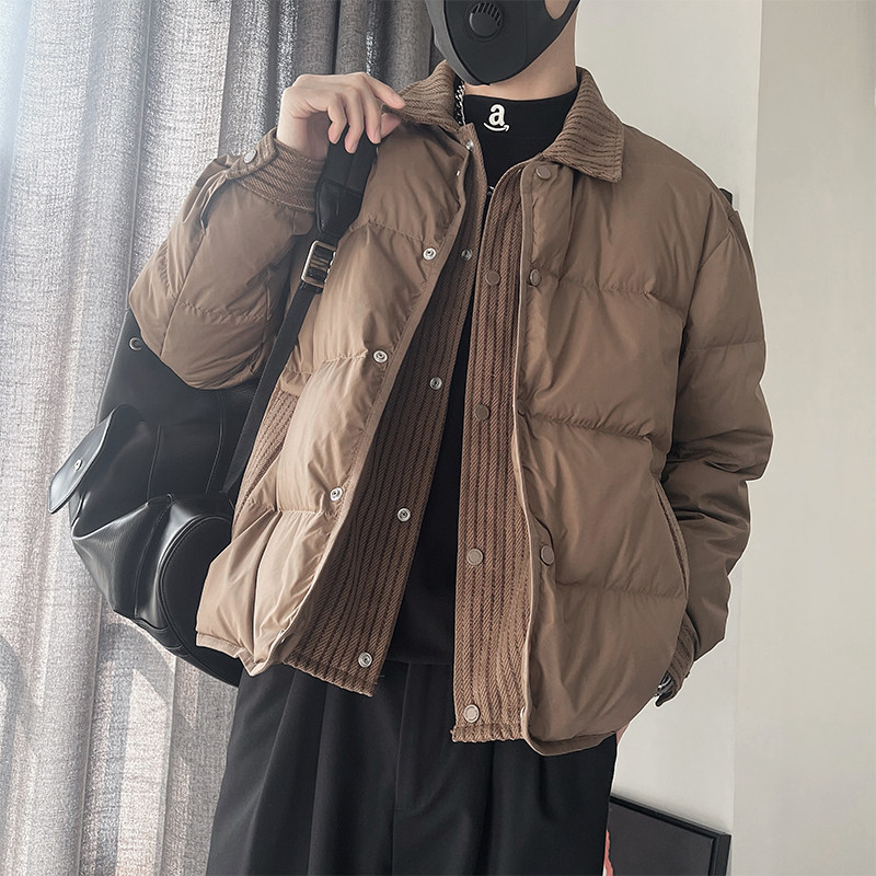 Y105-P218控298外聚酯纤维编织面料拼接假两件翻领羽绒服50绒,男装羽绒服,电商A216