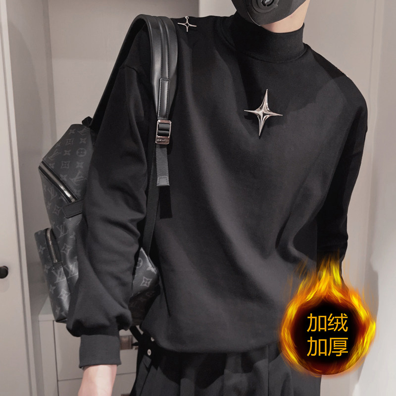 CX17-特P58-控78冬季加绒半高领打底衫男休闲纯色套头长袖T恤黑，男装卫衣，电商A216