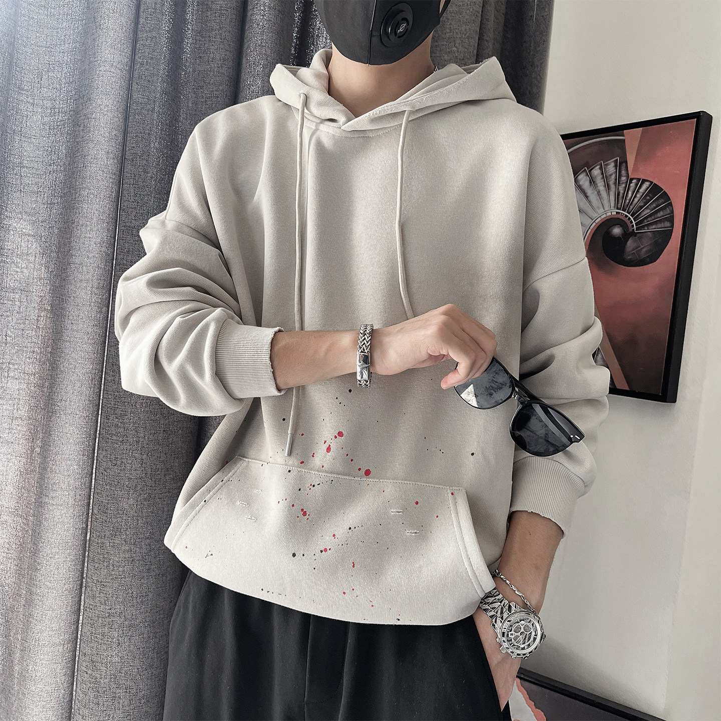 WY297 P78-控108-M-3XL- 75%棉%聚酯纤维 洗水做旧泼墨连帽卫衣图片