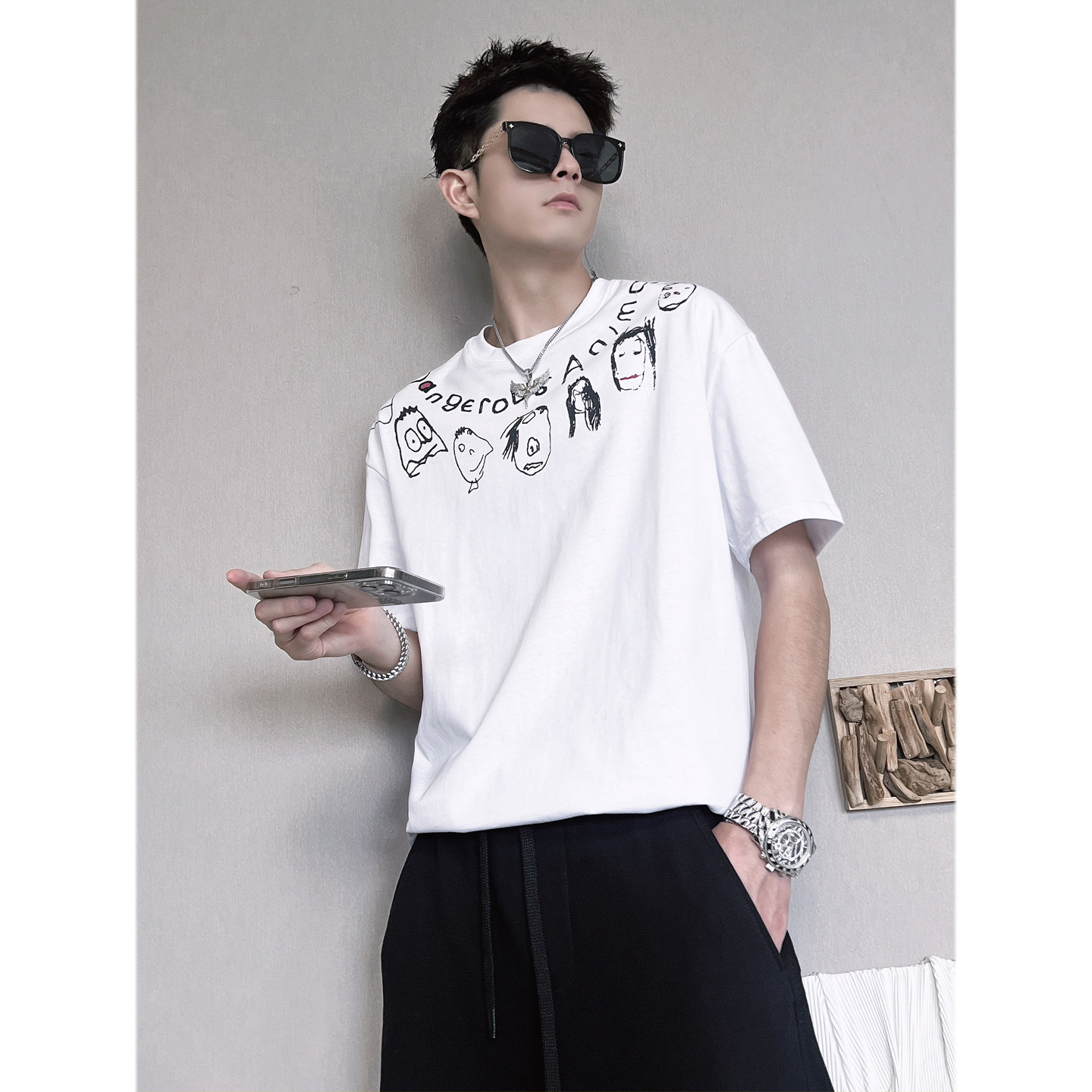 D105B-P58-78M-3XL95%棉5%聚酯纤维抽象印花环领短袖双纱面料,男装T恤,电商A216