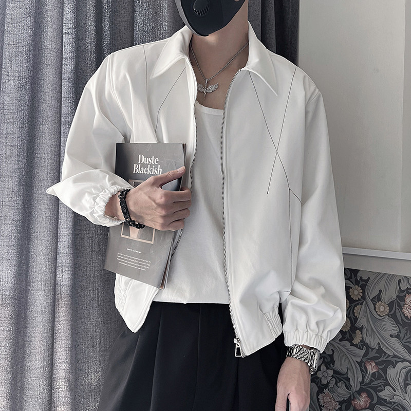 WT35-特P88控118涤纶新款薄款外套男翻领明线潮帅气夹克白,男装夹克,电商A216