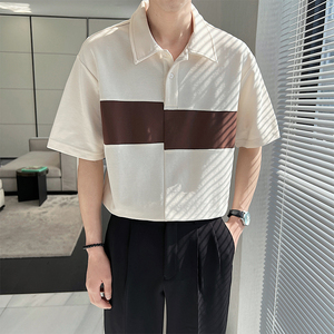 QS19-P58 控78 衬衫男夏季高级感拼色Polo衫翻领痞帅宽松短袖T恤图片
