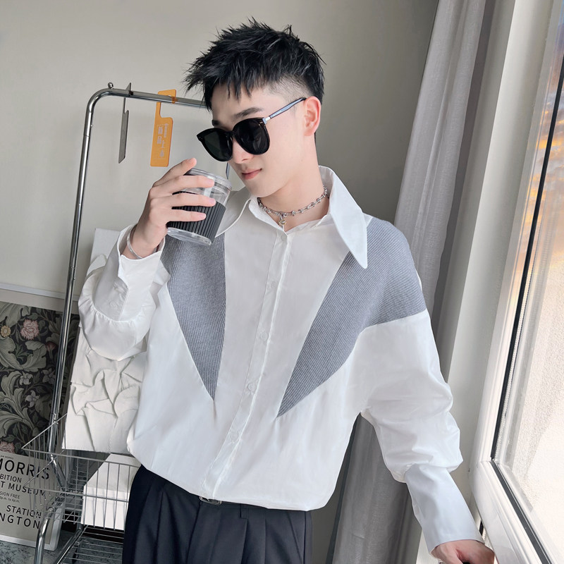 CS22-P68-控98 2023秋季新款高级痞帅简约小伙风拼色长袖衬衣男灰图片