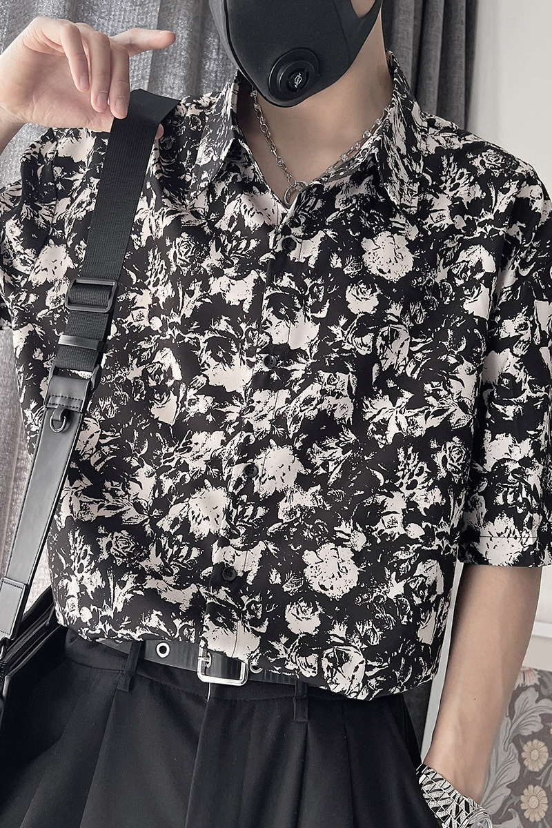 S30-P55控78夏季男士花色衬衣男尖领宽松复古小伙风衬衫男T恤,男装T恤,电商A216