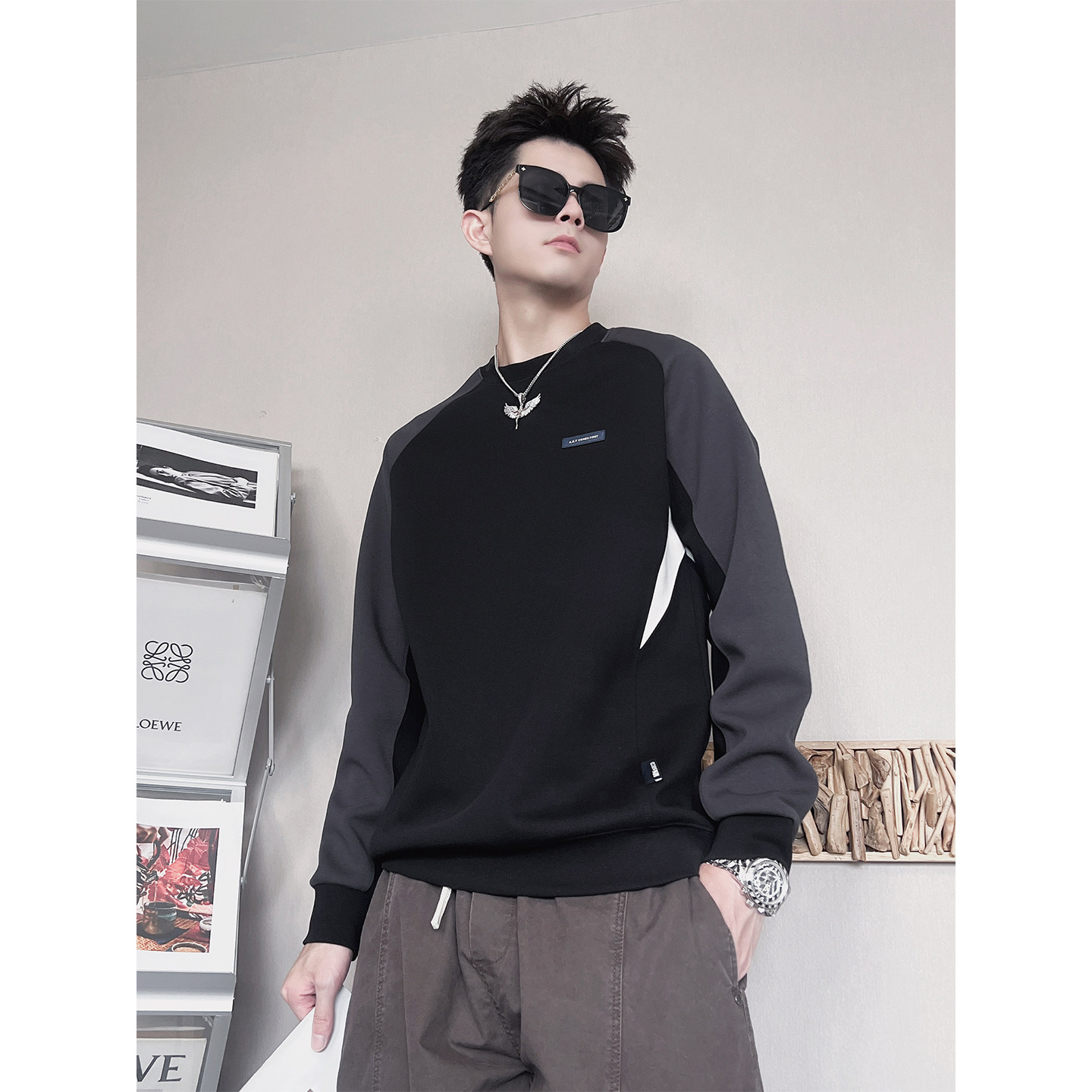 WY281-M-3XLP68-控9857.9%棉42.1%涤纶拼接三拼色卫衣轻奢大众款,男装卫衣,电商A216