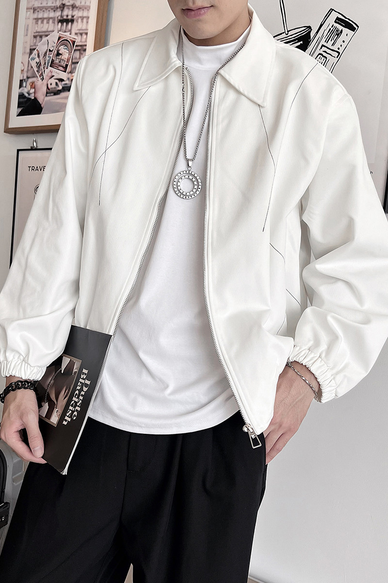 WT35B-P98控1382023秋季新款薄款外套男翻领明线潮牌帅气夹克白,男装夹克,电商A216