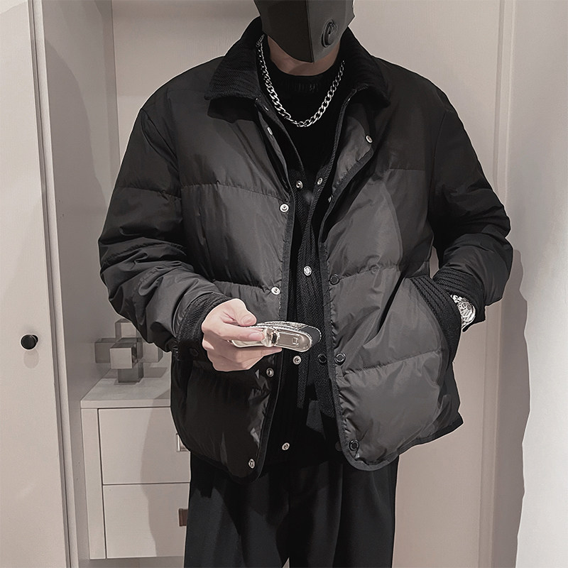 Y105-P218控298外聚酯纤维编织面料拼接假两件翻领羽绒服50绒,男装羽绒服,电商A216