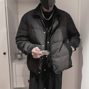 Y105-P218控298外聚酯纤维编织面料拼接假两件翻领羽绒服50绒图片
