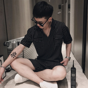 TZ21-P68 控88 2025夏季新款套装男潮流休闲条纹两件套条纹短袖图片