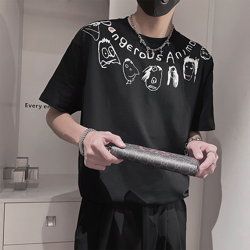 D105-P58-78-M-3XL-P95%棉5%聚酯纤维抽象厚印花环领短袖双,男装T恤,电商A216