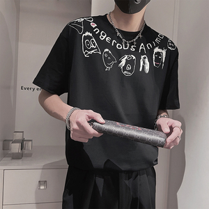 D105-P58-78-M-3XL-P  95%棉 5%聚酯纤维 抽象厚印花环领短袖 双图片