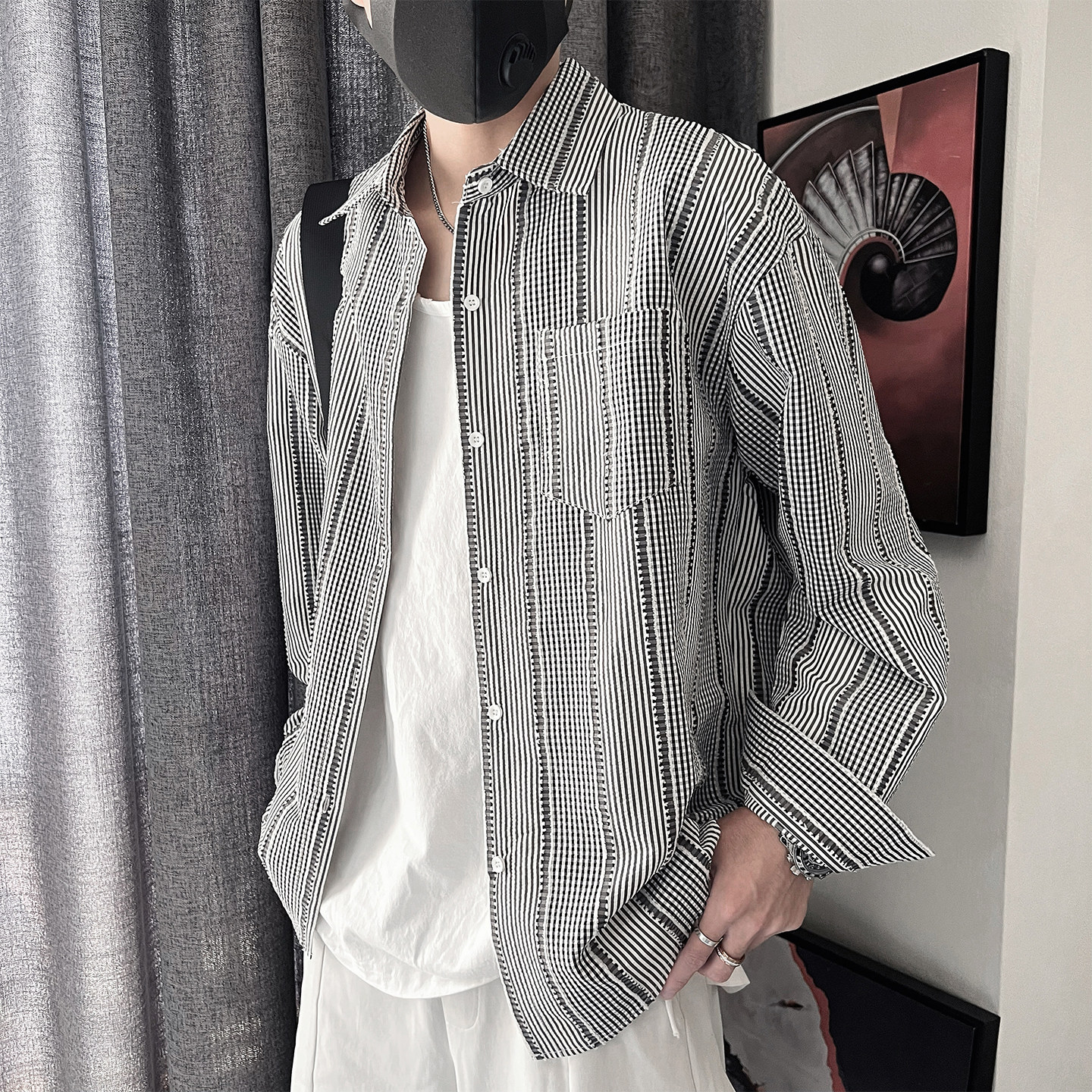 CS70-P68-控98M-3XL-聚酯纤维老钱细格子衬衫外套宽松阔版,男装衬衫,电商A216