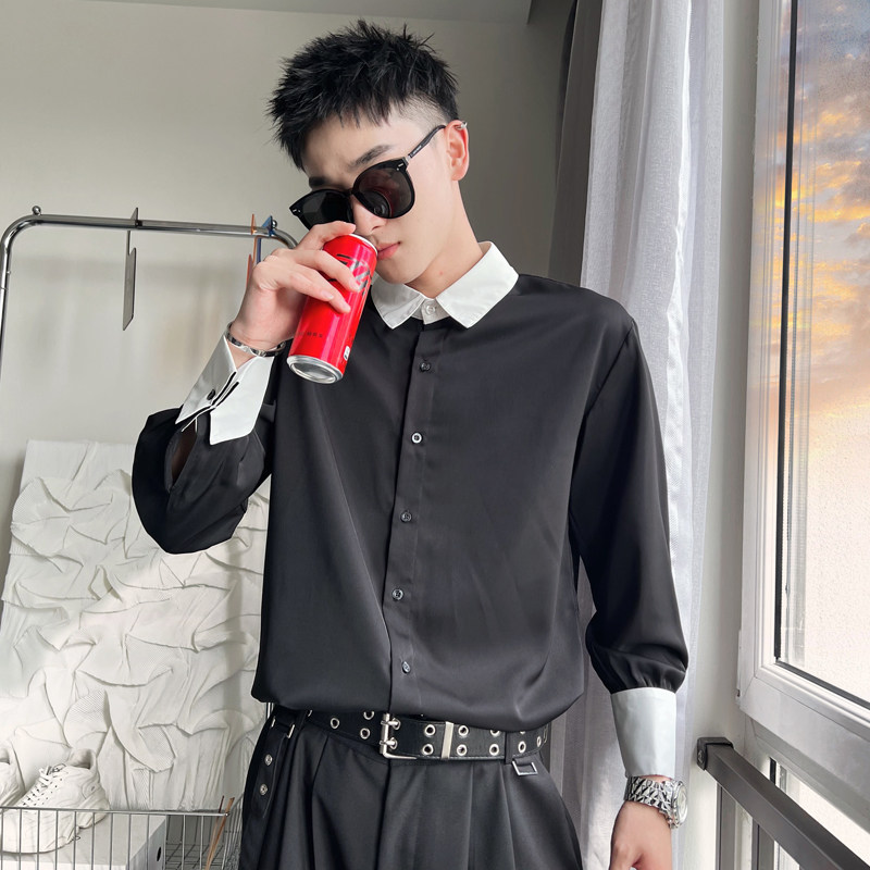 CS23-特P45 控78 2023秋季新款休闲尖领长袖衬衣男修身衬衫黑2图片
