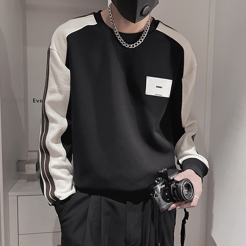 WY171-P68 控98 痞帅男装撞色圆领潮显瘦休闲高级感打底衫卫衣男图片